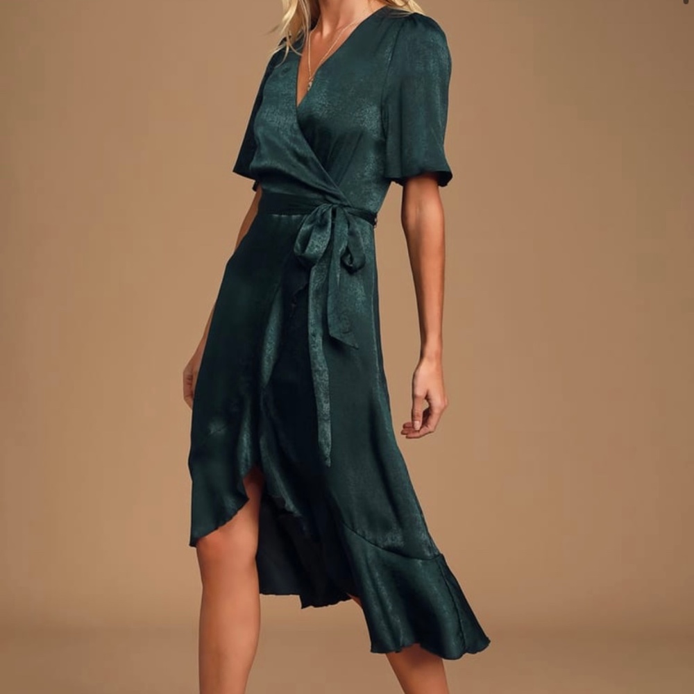 Lulu’s Wrapped Up In Love Dark Green Satin Faux-Wrap Midi Dress